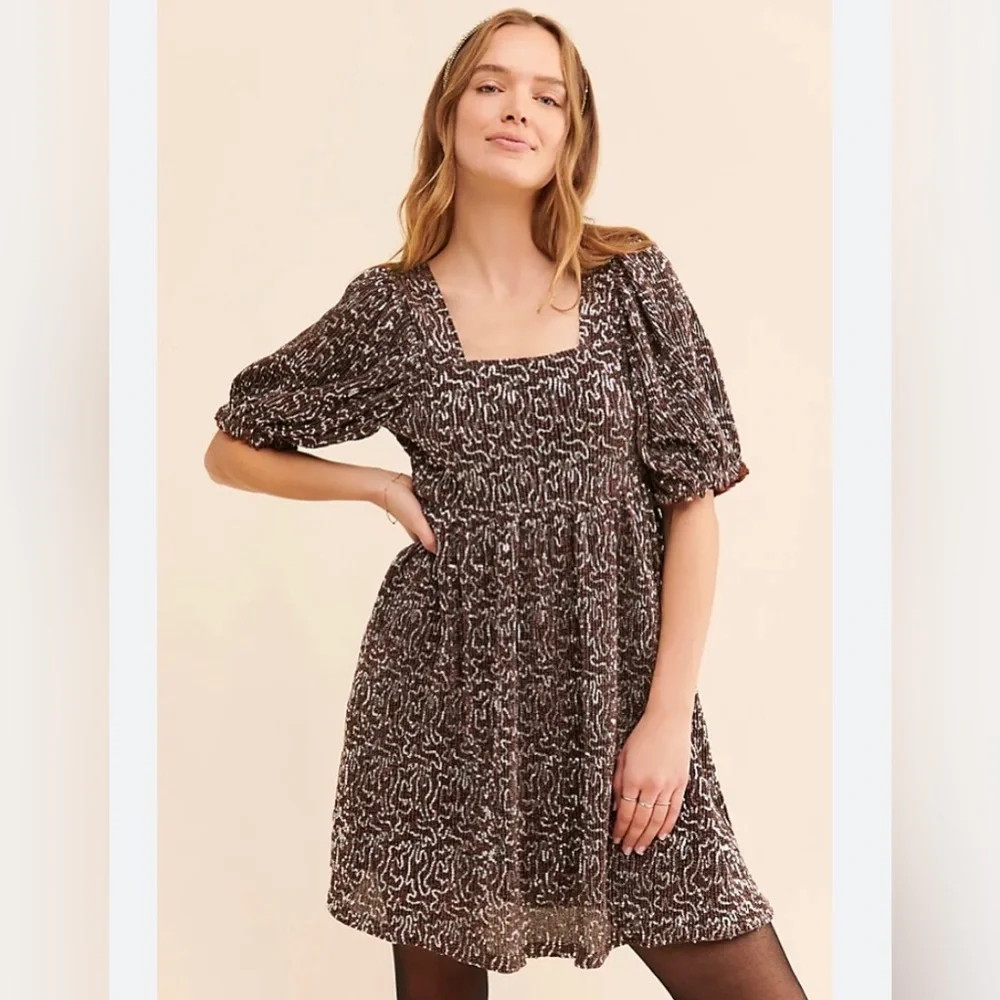 Anthropologie Moon River Women’s Sequin Babydoll‎ Mini Dress Brown Silver Sz S